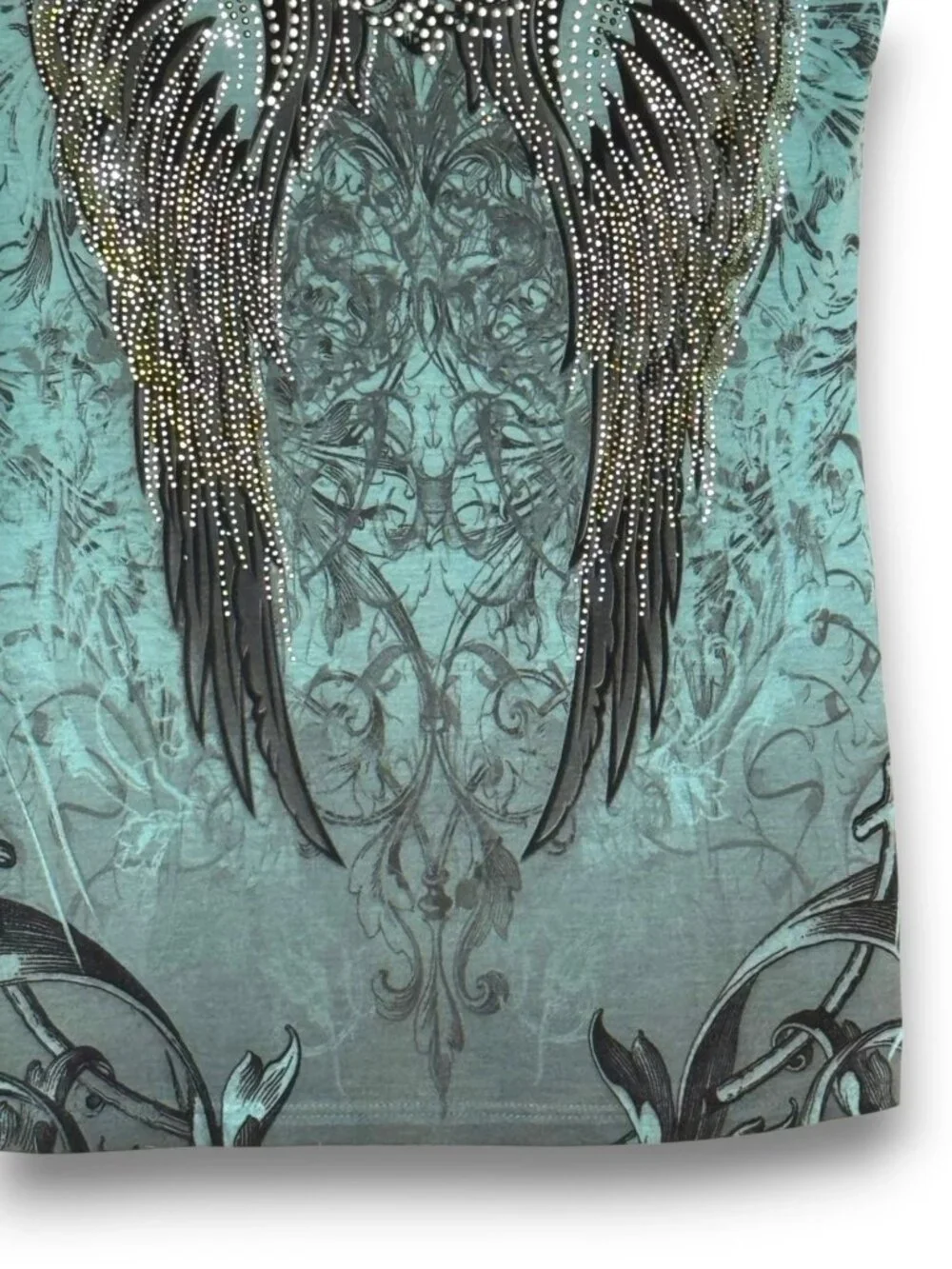 R. Rouge USA Y2K Style Teal Graphic Wing Top Rhinestone Accents Size Medium Fits - Picture 3 of 8